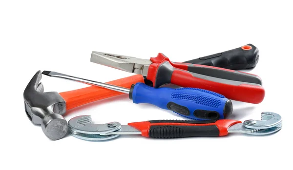 Screwdriver Wrench Pliers Hammer Isolated White Background Repair Kit — 图库照片