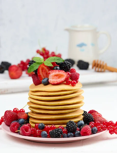 Stack Baked Pancakes Fruits Plate White Table Delicious Breakfast — Stock Photo, Image