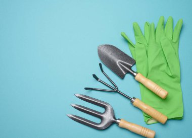 Garden tools for processing beds in the garden and rubber green gloves on a blue background, top view
