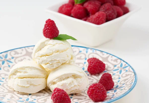 Vanilla Ice Cream Balls Red Raspberries Plate — Fotografia de Stock