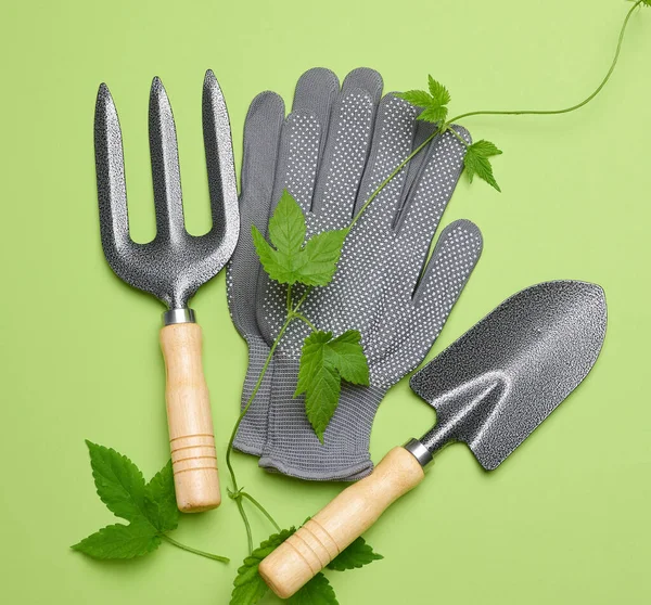 Garden tools for processing beds in the garden and textile gloves on a green background, top view