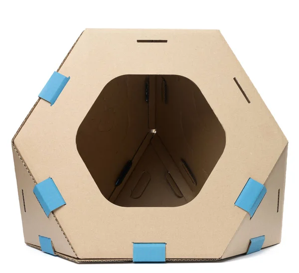 Brown Cardboard Modular House Hole Cats Animals Isolated White Background — Photo