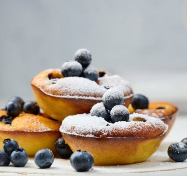 Beyaz ahşap tahtada yaban mersinli yuvarlak küçük süzme peynirli turtalar, lezzetli tatlı.