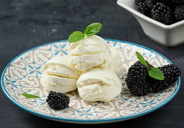 Three Scoops White Ice Cream Plate Mint Leaves Black Table — Stockfoto
