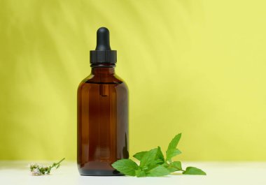 A brown glass bottle with a pipette on a green background. Containers for cosmetics, oils, serums
