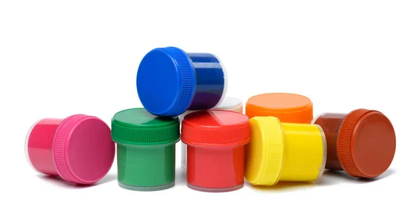 Plastic Jars Multi Colored Gouache White Isolated Background — Foto de Stock