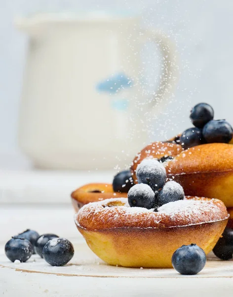 Mini Cottage Cheese Pies Blueberries White Wooden Board Delicious Sweet — Stock Photo, Image