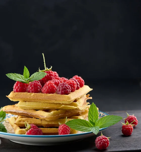 Bir yığın taze kırmızı ahududu, yeşil nane yapraklı fırında Belçika waffle 'ı. 