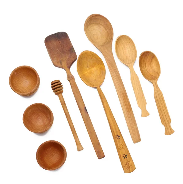 Empty Wooden Spoons Wooden Bowls White Isolated Background Top View — Stockfoto