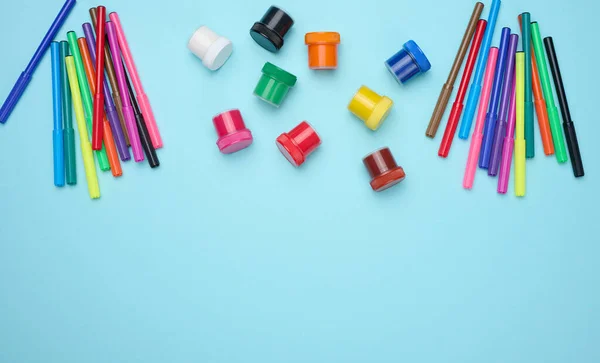 Multi Colored Felt Tip Pens Acrylic Paint Plastic Jar Blue — Stock Photo, Image
