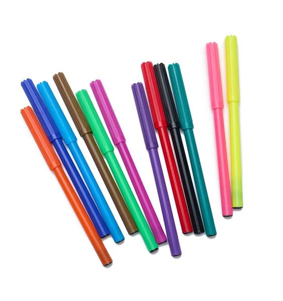 Stack of multicolored felt-tip pens isolated on white background, top view