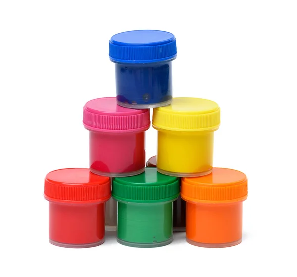 Plastic Jars Multi Colored Gouache White Isolated Background — Stok Foto
