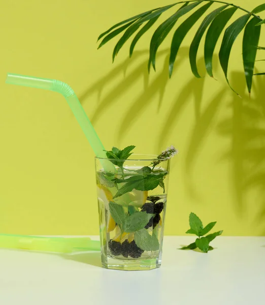 Transparent Glass Lemonade Mint Leaves Lemon Slices Blackberries Middle — стоковое фото