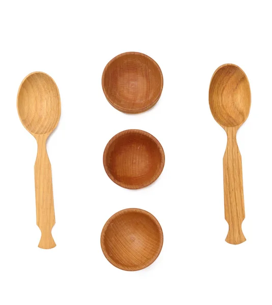 Empty Wooden Spoons Wooden Bowls White Isolated Background Top View — Stockfoto