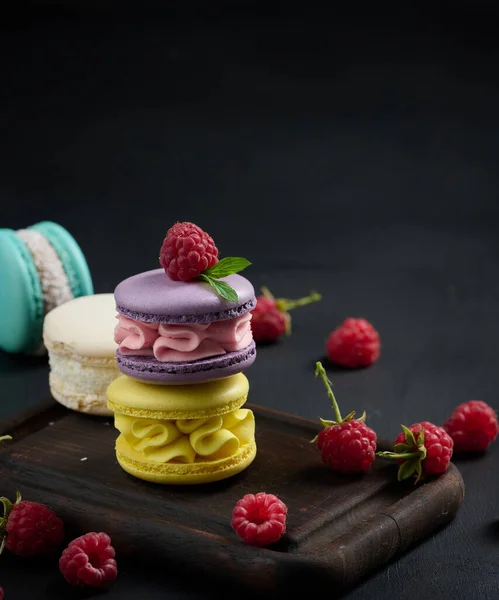 Stack Multi Colored Macaroons Wooden Board Delicious Dessert — Stock Fotó