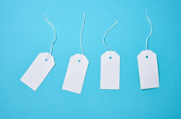 Empty white cardboard tag on a white rope, blue background. Price tag template