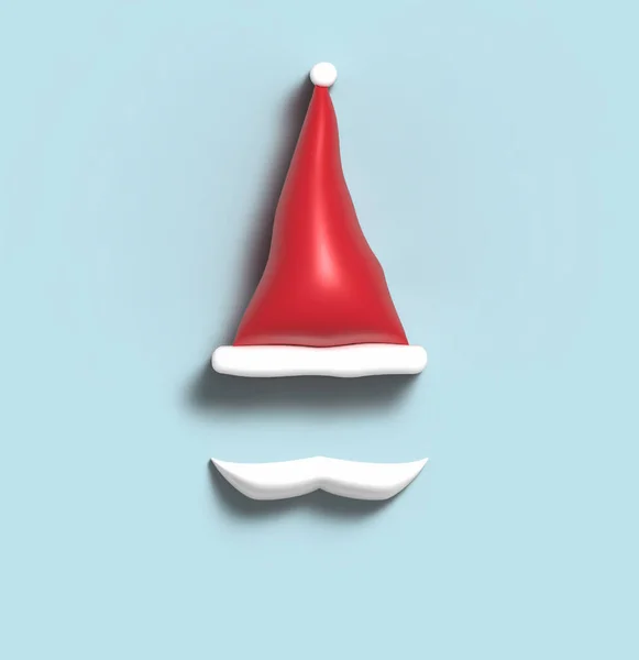 Beyaz Balonlu Kırmızı Noel Baba Şapkası Mavi Arka Planda Bıyığı — Stok fotoğraf