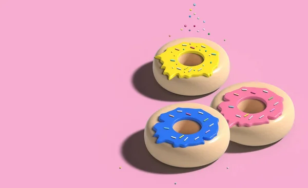 Tane Kremalı Pembe Zemin Üzerine Renkli Şeker Serpiştirilmiş Çörek Boyutlu — Stok fotoğraf