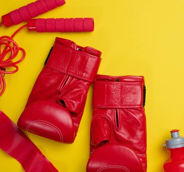 Kırmızı deri boks eldivenleri, su şişesi. Sarı arka planda spor malzemeleri.
