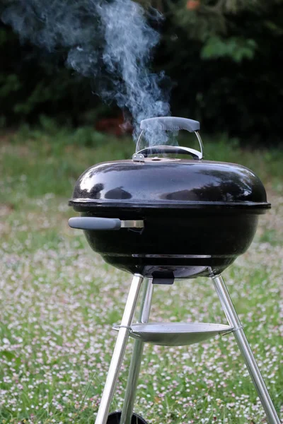 Bahçede kapalı kapaklı barbekü partisi.