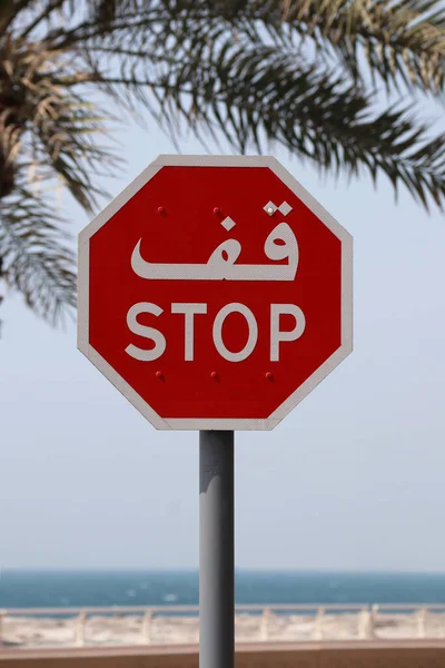 Stoppschild Dubai Arabisch Geschrieben Mit Einem Hintergrund Mit Palmen — Stockfoto