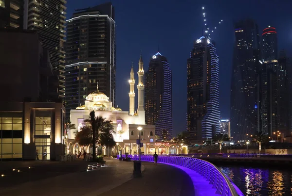 Meczet Dzielnicy Marina Dubaju Nocy — Zdjęcie stockowe