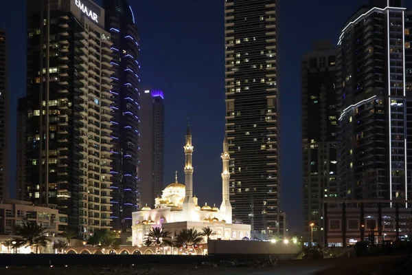 Meczet Dzielnicy Marina Dubaju Nocy — Zdjęcie stockowe