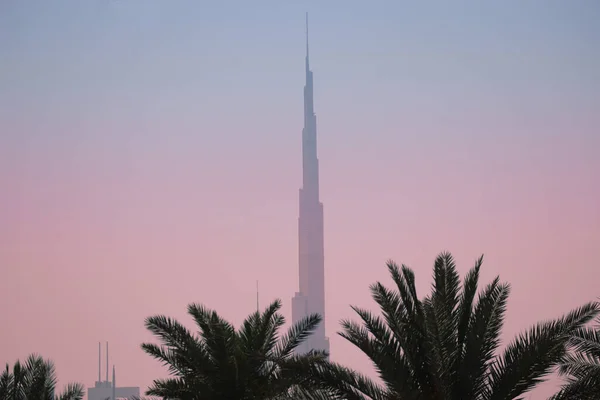Sylwetka Najwyższego Budynku Świecie Burj Khalifa Różowym Tle Nieba — Zdjęcie stockowe