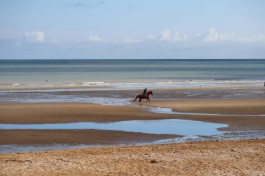Adamın biri Cabourg sahilinde ata biniyor.