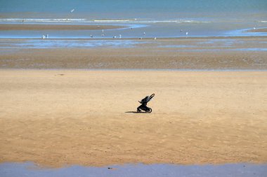 Sahilde, denizin önünde yalnız bir puset.
