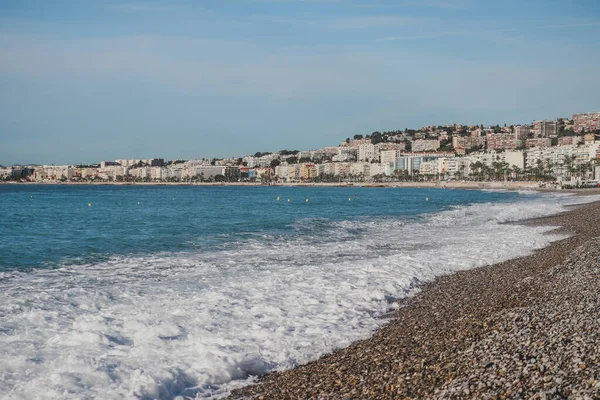 Vista Matutina Las Playas Niza Mar Mediterráneo Con Olas — Foto de Stock