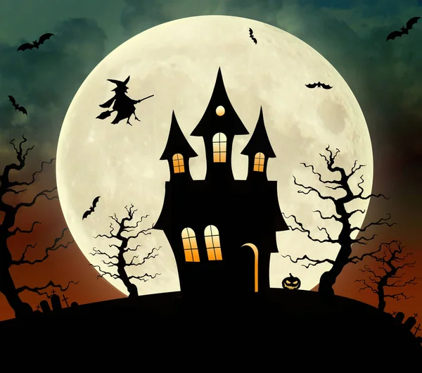 Halloween haunted house and a witch on broomstick
