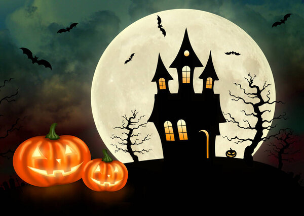 Halloween pumpkins near the haunted house