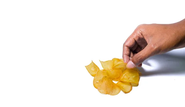 Man Hand Holding Delicious Potato Chips Isolated White Background Potato — Stockfoto