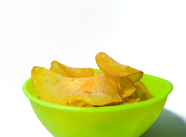 Green Bowl Delicious Potato Chips Isolated White Background Potato Chips — Foto de Stock