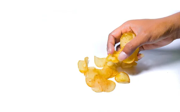 Man Hand Holding Delicious Potato Chips Isolated White Background Potato — Stockfoto