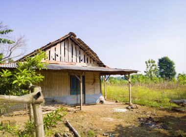 an old wooden house in the fields, a simple wooden house that is no longer inhabited and the dusty dirt yard