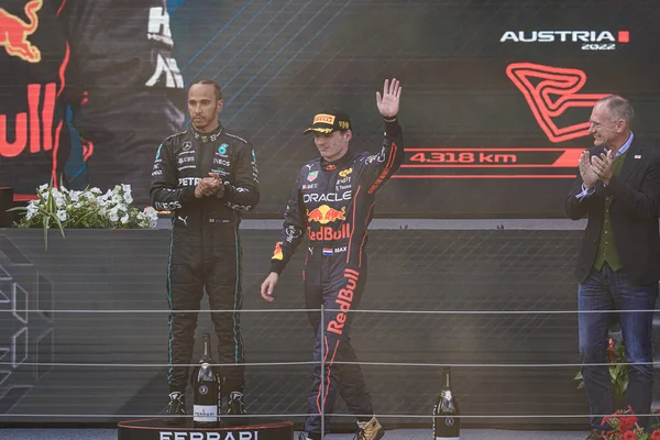 Podium Max Verstappen Ned Redbull Racing Rb18 Lewis Hamilton Gbr — стокове фото