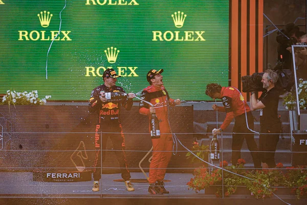 Podium Celebration Ferrari Trento Champagne Charles Leclerc Mon Ferrari Max — 图库照片