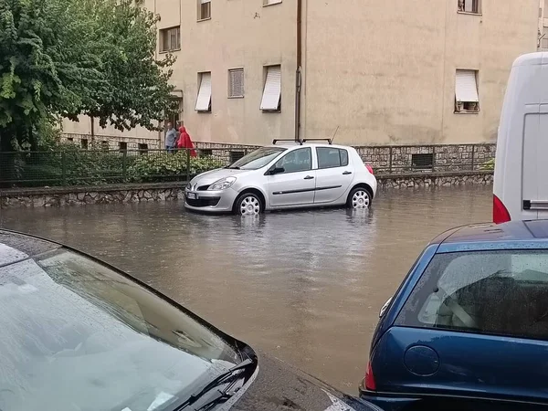 Flooding Rieti Storm Flood Street Damaged Car Furniture Garage — ストック写真