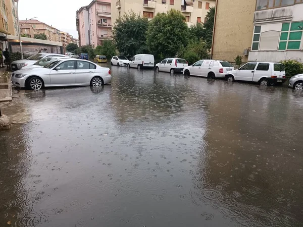 Flooding Rieti Storm Flood Street Damaged Car Furniture Garage — Fotografia de Stock