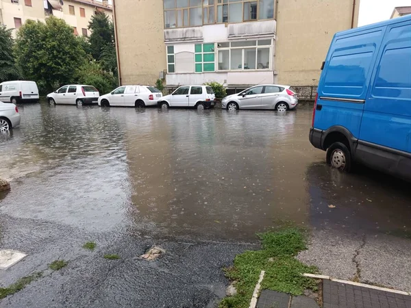 Flooding Rieti Storm Flood Street Damaged Car Furniture Garage — Fotografia de Stock