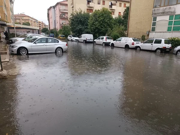 Flooding Rieti Storm Flood Street Damaged Car Furniture Garage — Photo