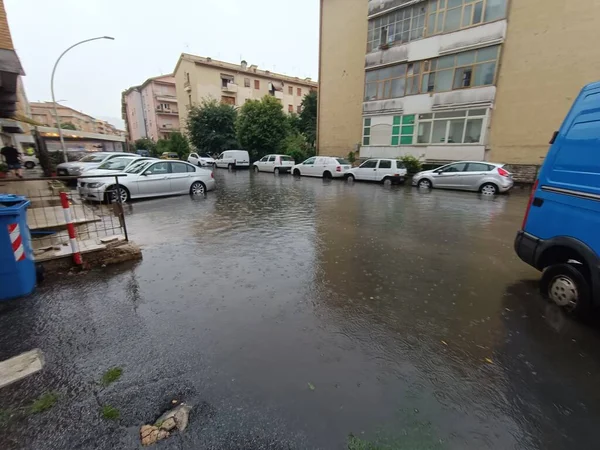 Flooding Rieti Storm Flood Street Damaged Car Furniture Garage — Fotografia de Stock