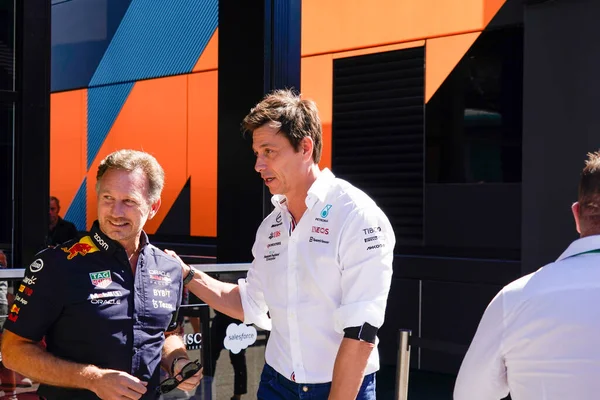 Toto Wolff Aut Mercedes Teamchef Gespräch Mit Christian Horner Gbr — Stockfoto