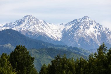 Magnificent snow-capped mountain peaks in the vicinity of Almaty, Summer time in Kazakhstan