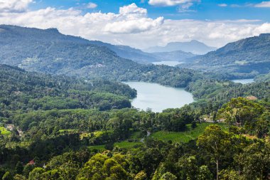 Magnificent three lakes among the jungle of the island of Sri Lanka under clouds, vacation time