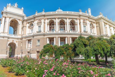 Odessa, Ukrayna - 15 Ağustos 2021: Odessa Opera ve Bale Tiyatrosu önündeki güzel çiçekler.