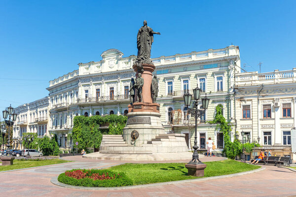 Odessa, Ukraine - August 15, 2021:  Catherine the Great monument in Odessa, Ukraine.  Odessa city view