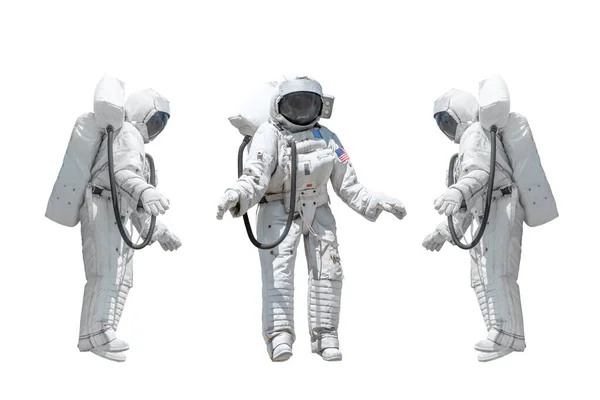 Tři Plovoucí Astronauti Bílém Pozadí Různých Úhlech — Stock fotografie